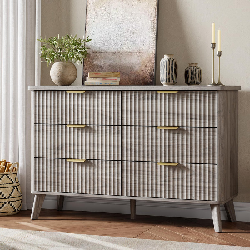 Commode 6 tiroirs cannelés, commode en bois de 47,2 po de largeur et meuble télé pour salon de chambre à coucher, Gris