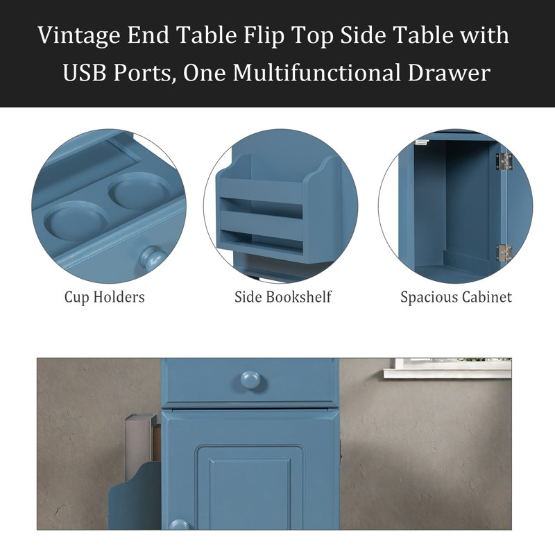 Table d'appoint à plateau rabattable vintage avec ports USB, Bleu