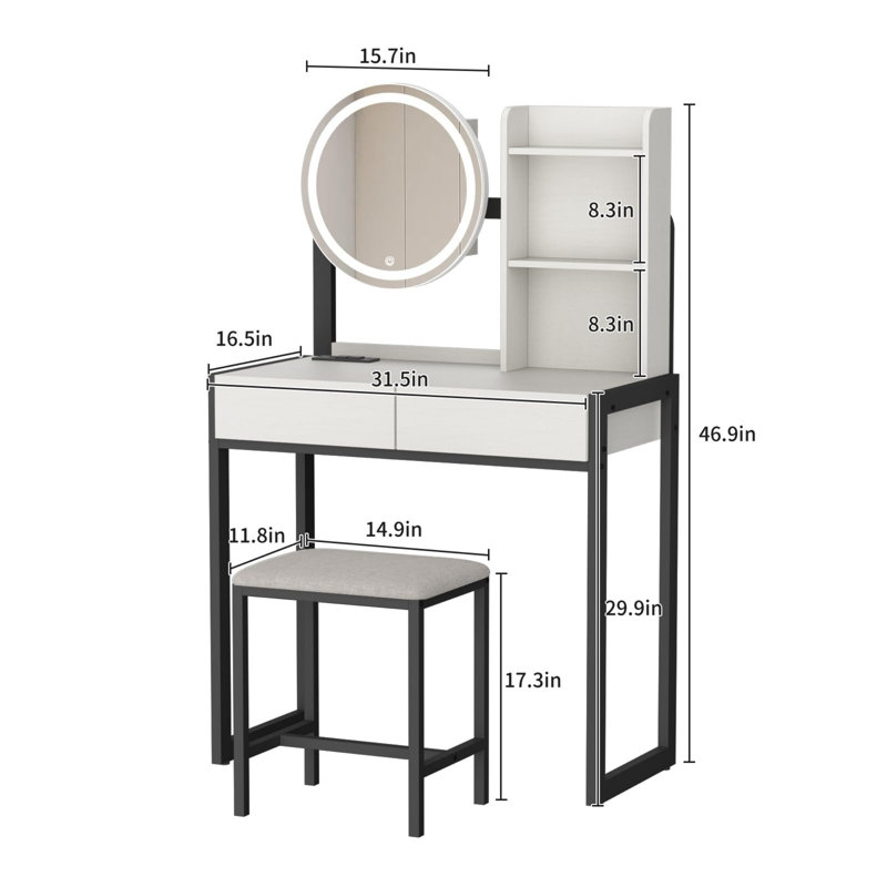 Small Vanity Desk with Mirror and Lights, Makeup Vanity Table with LED Mirror, 3 Lighting Modes, Power Outlet, Drawer, Open Shelves and Cushioned Stool for Bedroom