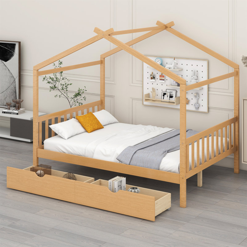 Lit plateforme House avec deux tiroirs, tête de lit et pied de lit, Naturel