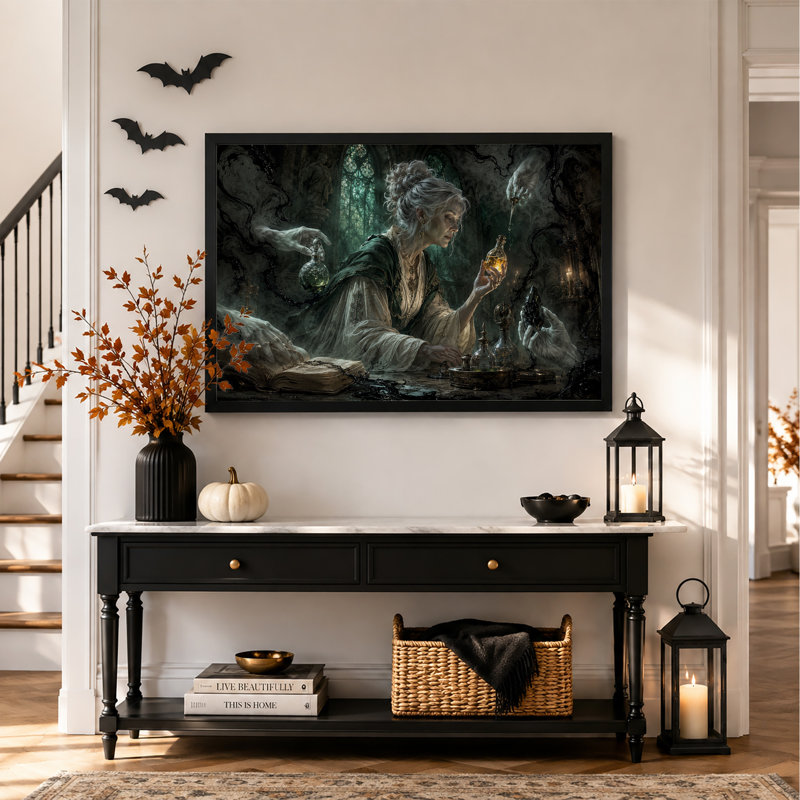 " Alchemist Brewing Potion With Floating Hands In Halloween " Painting Print, H 12 po x l 18 po