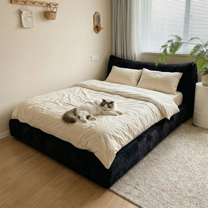 Upholstered Cloud Bed Frame with 9.4" Thickened Detachable Headboard, Boucle Platform Bed Frame with Rounded Corner Design, Easy Assembly
