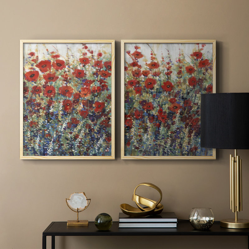 «Garden Poppies I», reproduction encadrée de qualité supérieure - prête à être accrochée - aucun clou requis - aucun clou requis