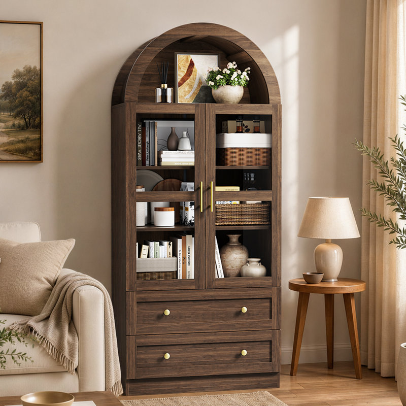 Armoire arquée de 71 po de hauteur, garde-manger avec portes en acrylique, deux tiroirs