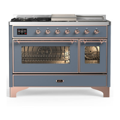 Cuisinière à double combustible ILVE Majestic III Series 48 po avec 5 brûleurs scellés, plaque de cuisson, table française (propane liquide, porte vitrée)