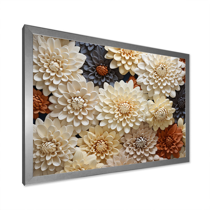 «Chrysanthemums White Mosaic Garden» sur toile, Cadre simple argenté, H 12 po x l 20 po x P 1 po