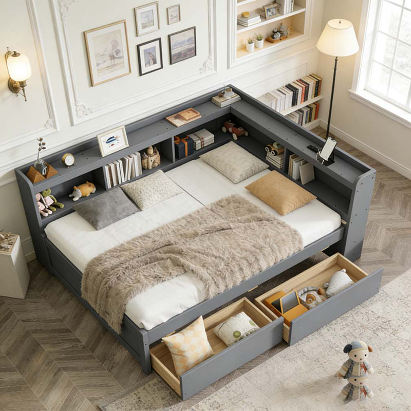 Lit simple en forme de L avec bibliothèques avec prises de courant, ports de chargement USB, deux tiroirs, gris