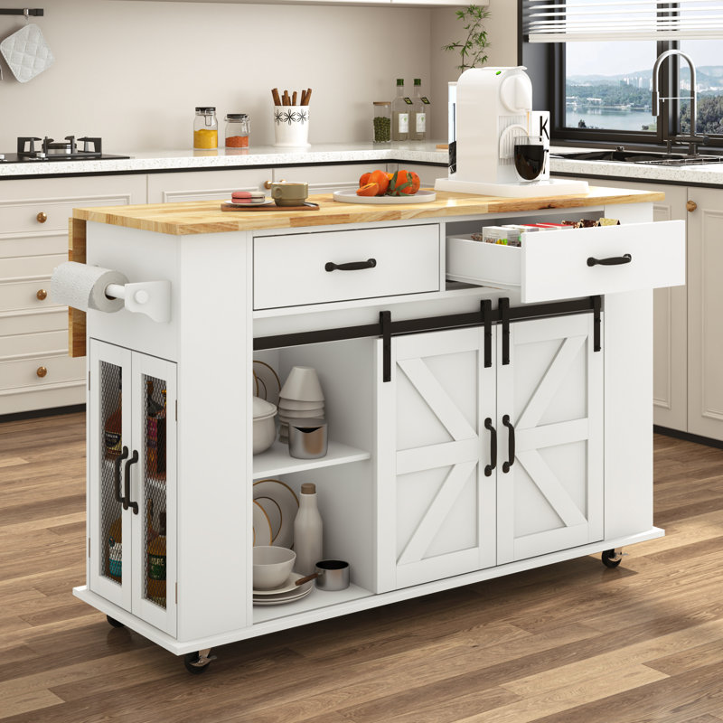 Kitchen Island With Wheels And Drop Leaf Countertop, Rolling Kitchen Island Cart, With 2 Drawers And Adjustable Shelves