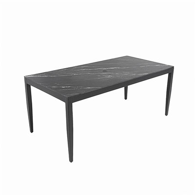 Outdoor Modern Patio 35.5"x71" Aluminum Dining Table, Black Marble-Inspired Sintered Stone Top, Ember Black Finish, Post Tapered Legs-Seats Six, Weatherproof & Rust-Free