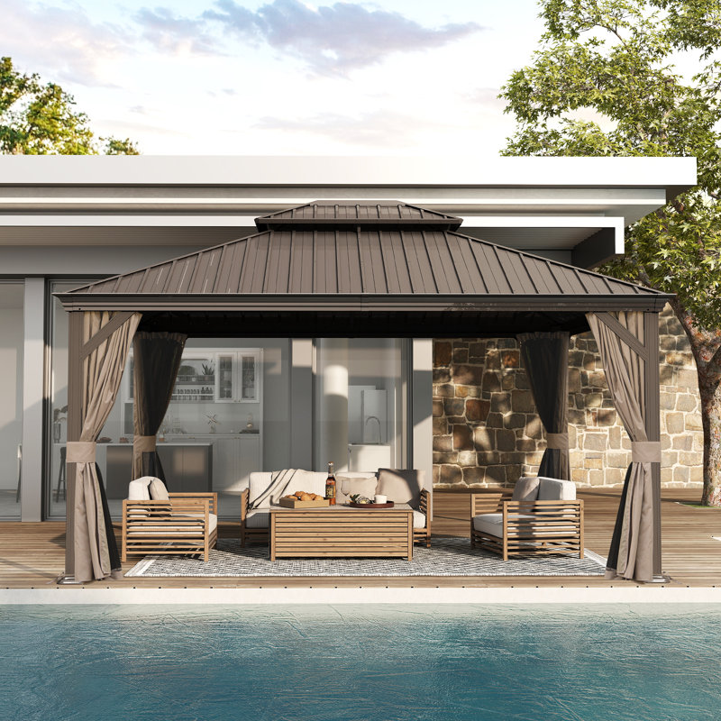 Outdoor Galvanized Steel Patio Gazebo with Double Roof, 114.65" H x 166.38" W x 117.17" D, Brown
