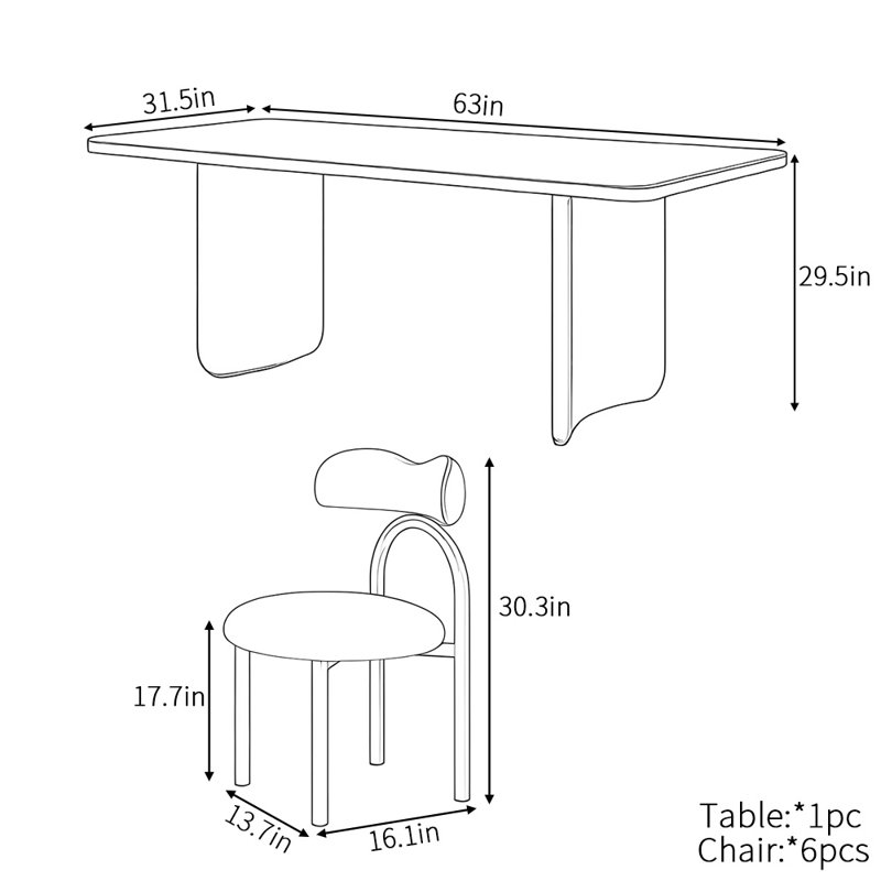 Ensemble de table de salle à manger de luxe crème clair, H 29,5 po x L 63 po x l 31,5 po
