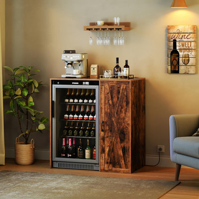 37.4" Mini Fridge Cabinet Coffee Bar with Power Outlet, Fits 24" Wine Fridge