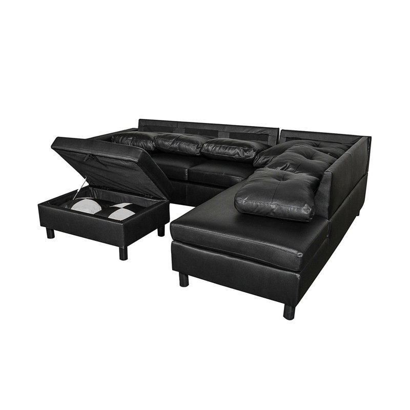 Sectional Sofa Set, Faux Leather Sofa with Free Storage Ottoman, Left Hand Facing, Black Faux Leather