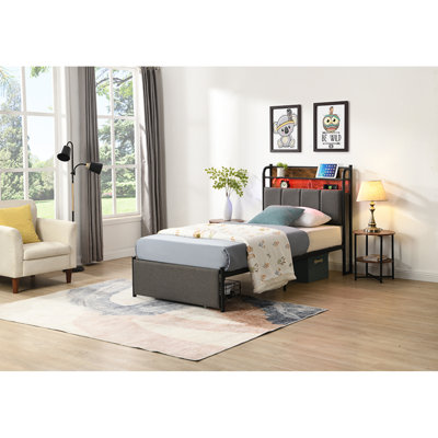 Bed Frame Frame, Storage Headboard With Charging Station, Solid And Stable, Noise Free, No Box Spring Needed, Easy Assembly