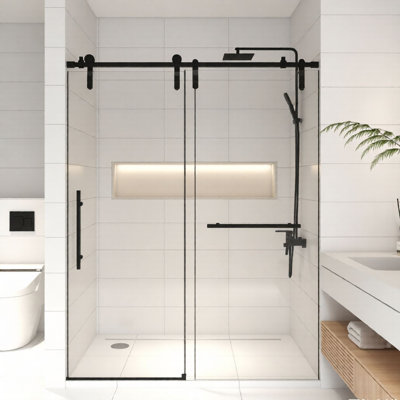 Premium | 56–60"W x 76"H | Frameless Walk-In Shower Door, Fixed & Sliding Panel, 8mm SGCC/ANSI Tempered Glass, Nano Easy-Clean Coating, Shatterproof Film, Reversible Installation, Stainless Steel Hardware for Home, Apartment & Hotel Remodels