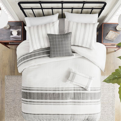 Housse de couette en coton 5 pièces - très grand / très grand blanc / rayures tissées grises avec fermeture à glissière Entretien facile sans substances nocives Produits chimiques à vapeur Literie blanche avec coussins décoratifs gris vertical