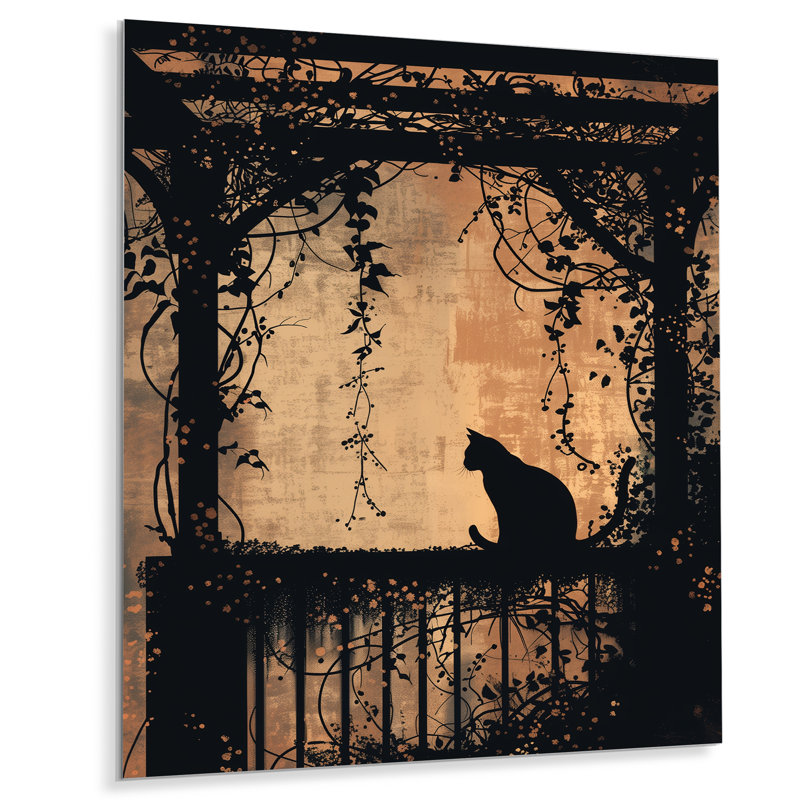 Chat noir sur porche fleuri - décoration murale chat, H 20 po x l 12 po x P 1 po, Métal métal