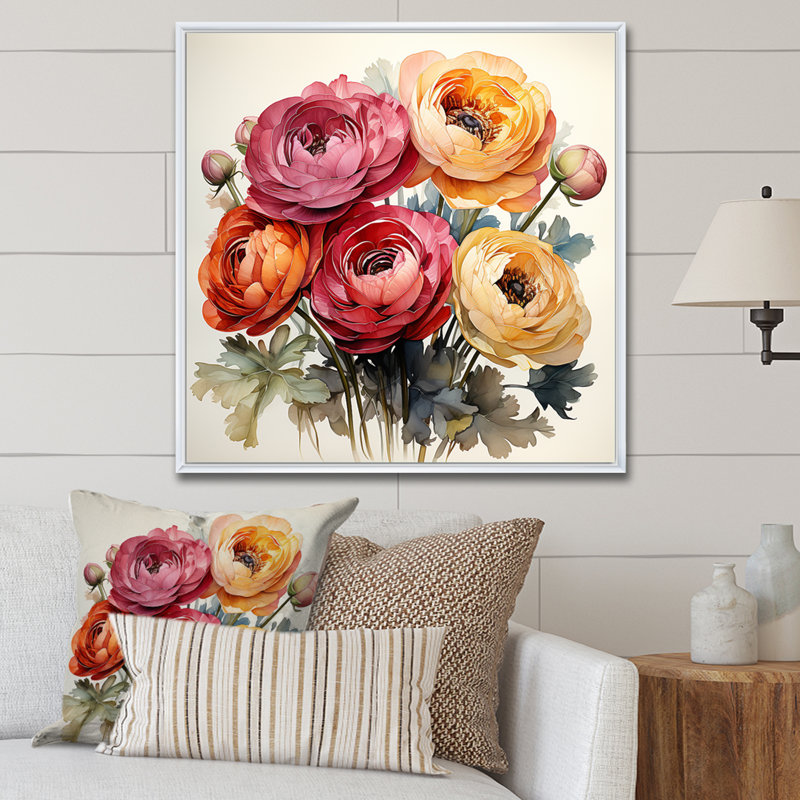 «Colorful Ranunculus Elegance I», art mural Renoncule, Cadre flottant blanc, H 30 po x l 30 po x P 1,5 po