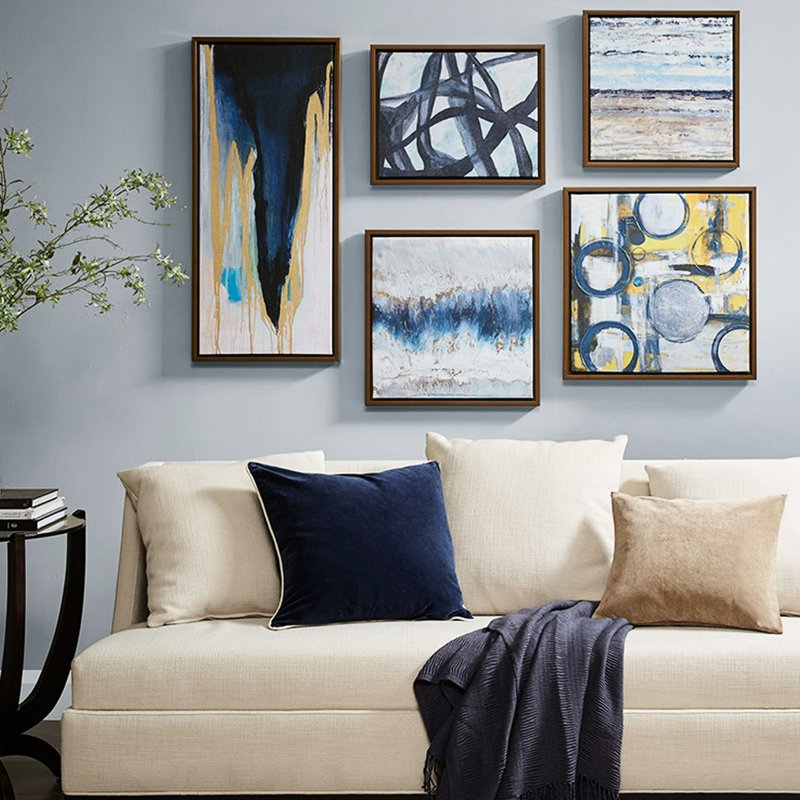 S Abstract 5 Wall Art With Blue, Gray, Yellow Themes Canvas In Captivating Frames
