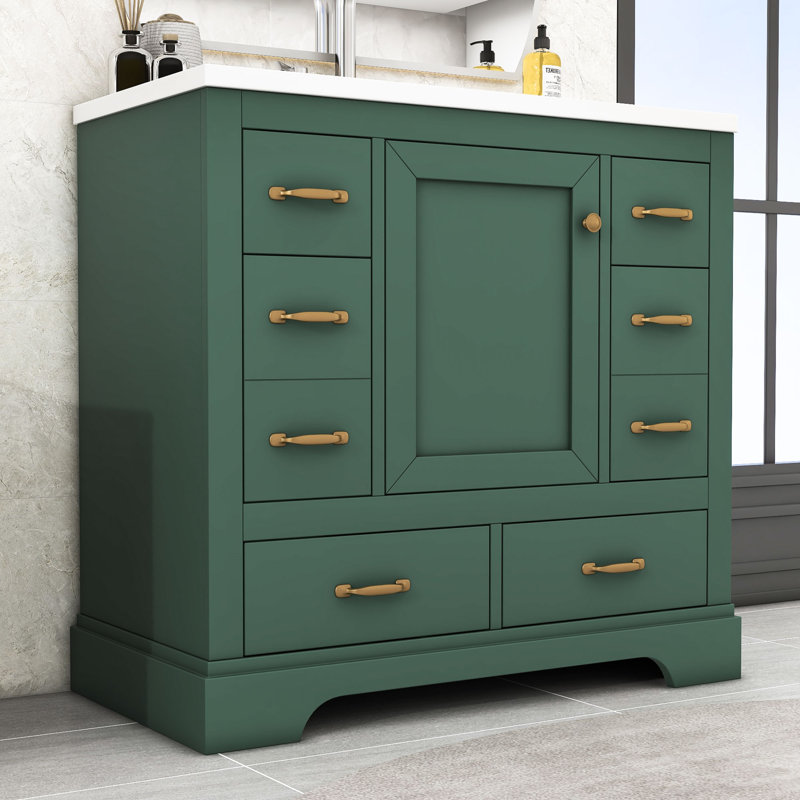 Meuble-lavabo simple 36 po avec plateau Myliyah, Vert, Doré