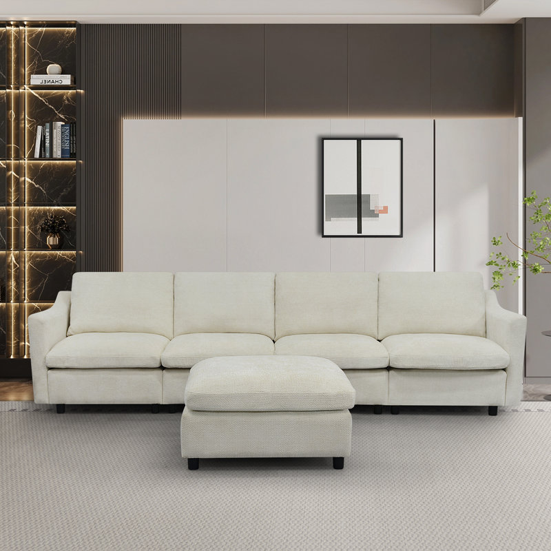 Canapé modulaire en tissu beige moderne à 4 places avec repose-pieds, poches avec accoudoirs et 4 coussins, canapé de style minimaliste pour le salon, appartement, bureau, 2 couleurs