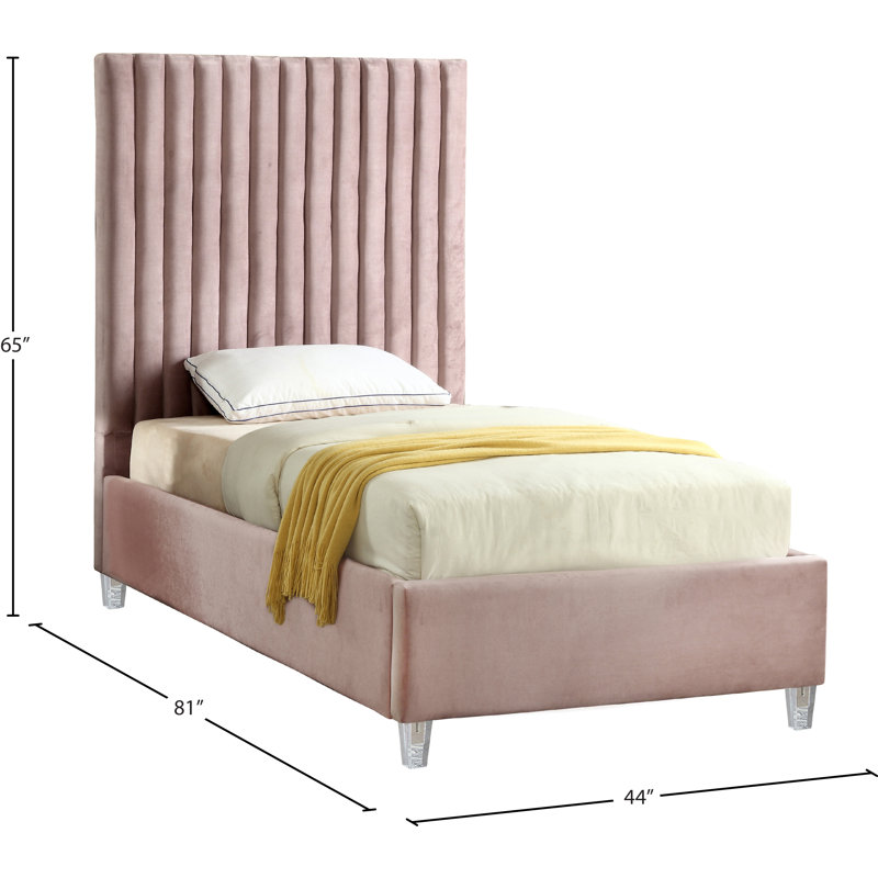 Upholstered Platform Bed, Pink Velvet, Twin