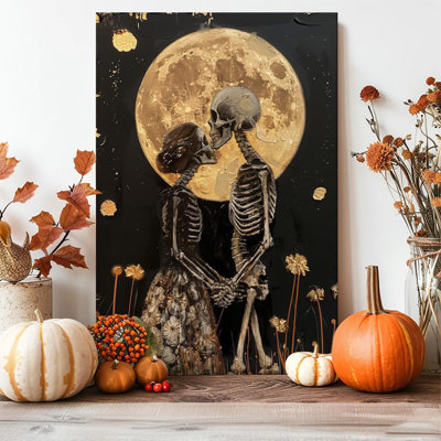 1pc, impression sur toile encadrée, Halloween, couple de squelettes sous la lune, impression sur toile, peinture pour salon, chambre, bureau, salle de bain, dortoir, prêt à accrocher