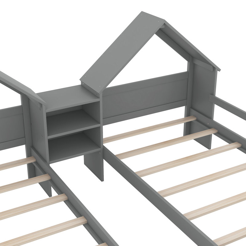 Lit plateforme double avec tête de lit en forme de maison et table de chevet intégrée, Gris