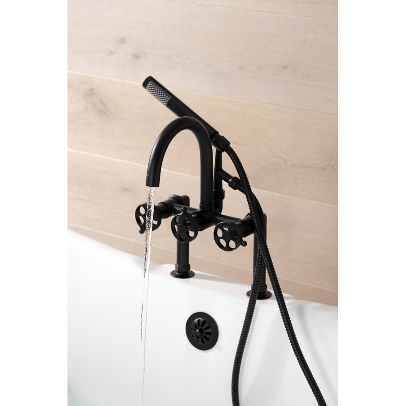 Kingston Brass Webb Three-Handle 2-Hole Deck Mount Clawfoot Tub Faucet with Knurled Handle and Hand Shower, Matte Black