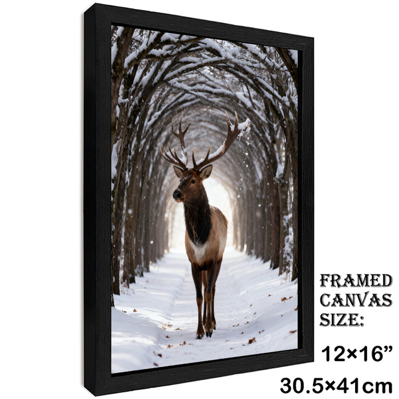 Art mural encadré noir cerf rétro par temps neigeux, H 17 po x l 13 po