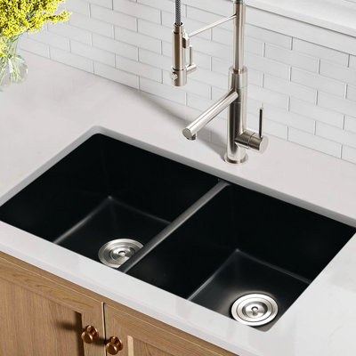 32" X 18" Double Bowl Undermount Kitchen Sink In Black Quartz - Heatproof, Stain , Scratch Rust Basket Strainer For Liquid Drain X Heat Instant And Seamless Drainage