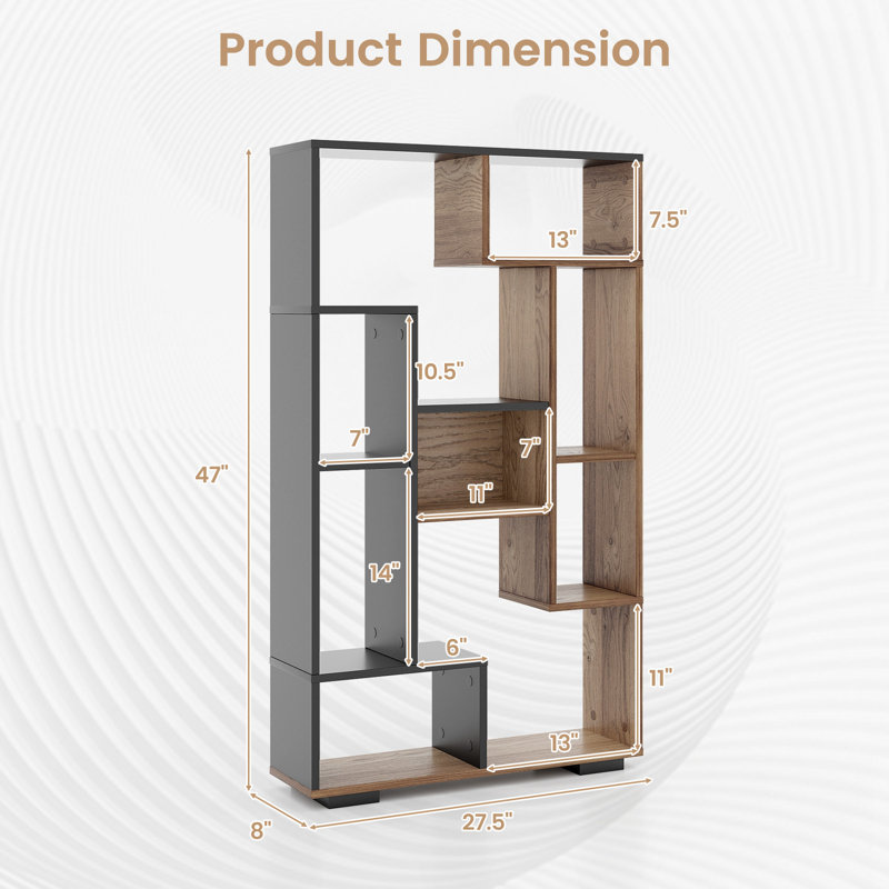 47'' H X 27.5'' W  Geometric Bookshelf 47-Inch Bookcase w/ Multiple Open Shelves Anti-Tipping Devices, Black/Brown