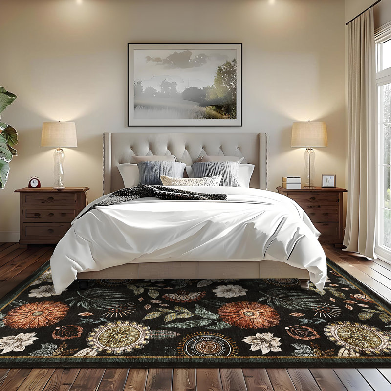 Tapis floral lavable à la machine avec envers en TPR antidérapant, Rectangle 5 pi x 7 pi