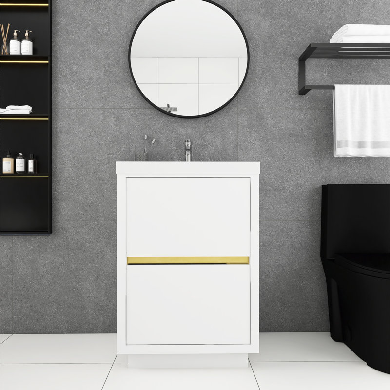 24 po Meuble-lavabo autoportant en chêne naturel avec lavabo, Blanc