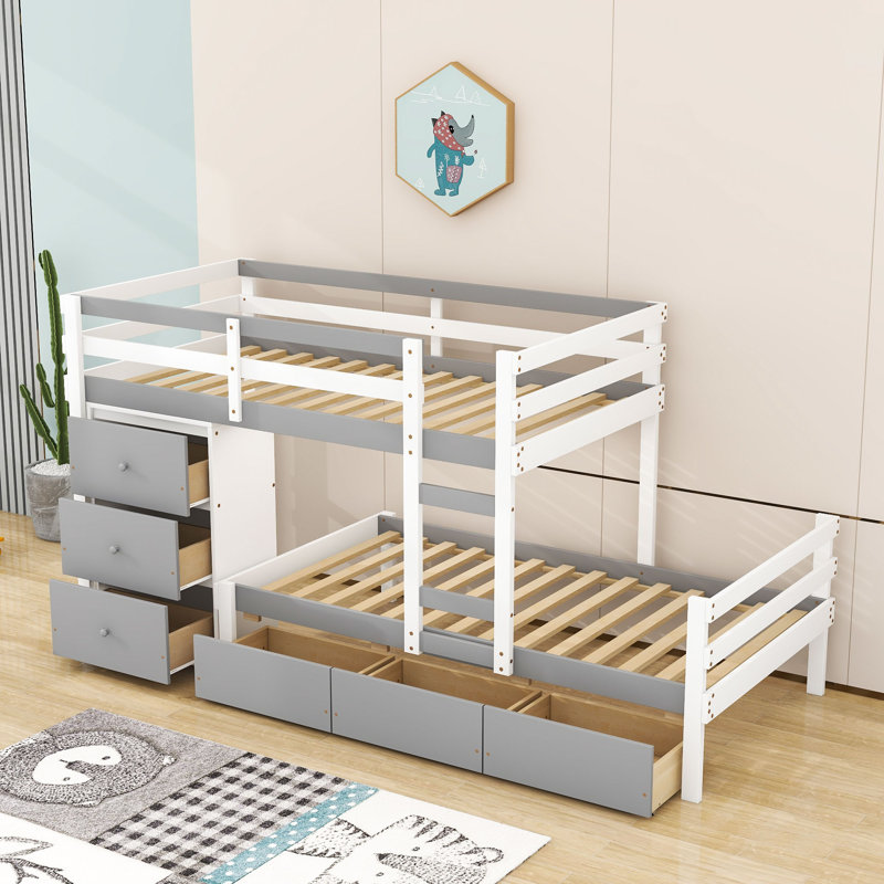 Gerrish Kids Twin Over Twin Bunk Bed with Drawers, Gray