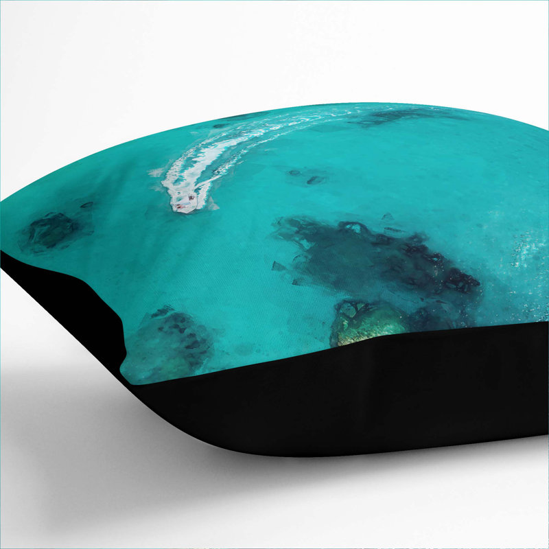 Boat Passing Over The Ocean In Corfu Greece Square Throw Cushion, 40cm H x 40cm W x 15cm D, Black