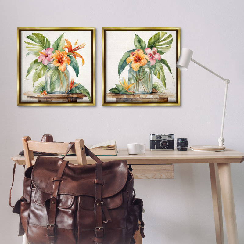 «Tropical Hibiscus Floral Jar», ensemble de 2 toiles flottantes encadrées par Kim Allen, Cadre flottant métallique doré