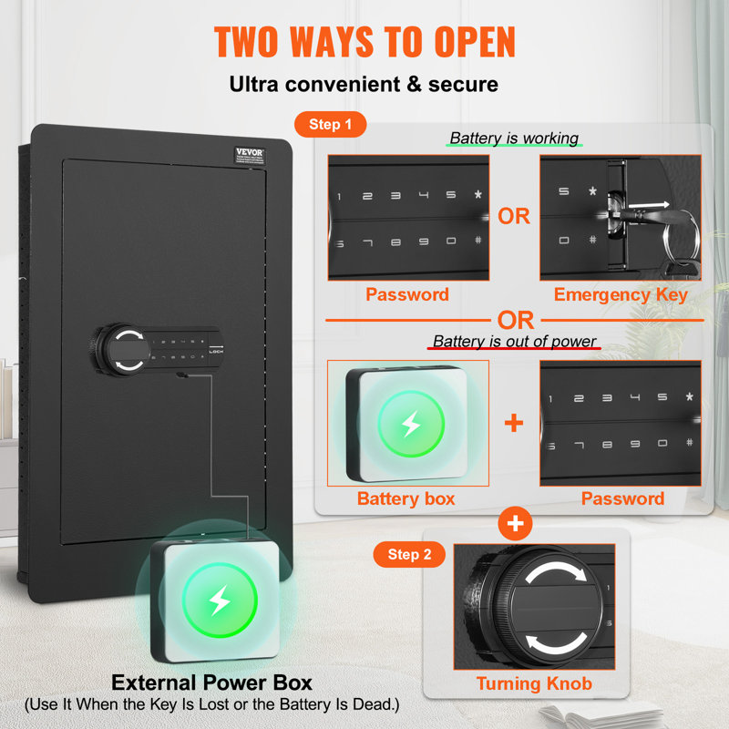 Black Steel 25.59" Tall In-Wall Safe with Keypad and Shelves