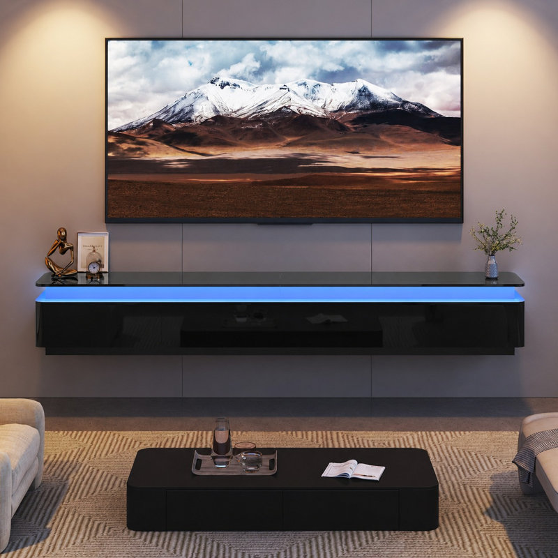 Meuble télé 94,5 po avec lumières DEL, console multimédia murale avec tiroirs et armoires 94,5 po, Noir très lustré