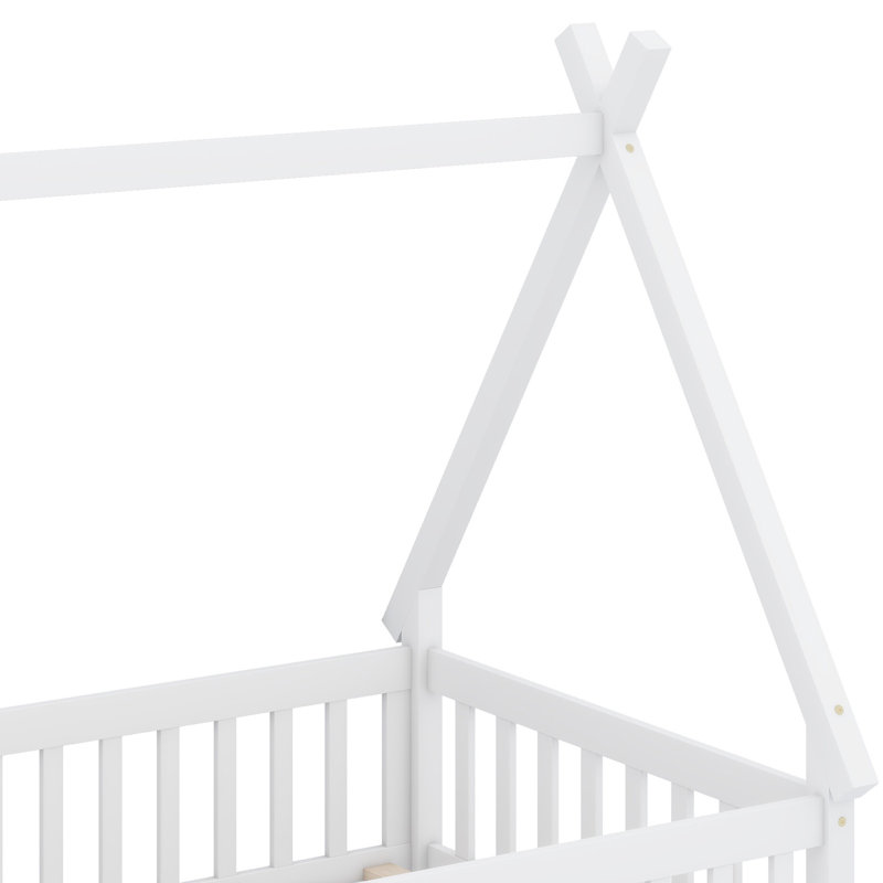 Playful Tent Design Floor Bed With Guardrails And Sturdy Slats, White