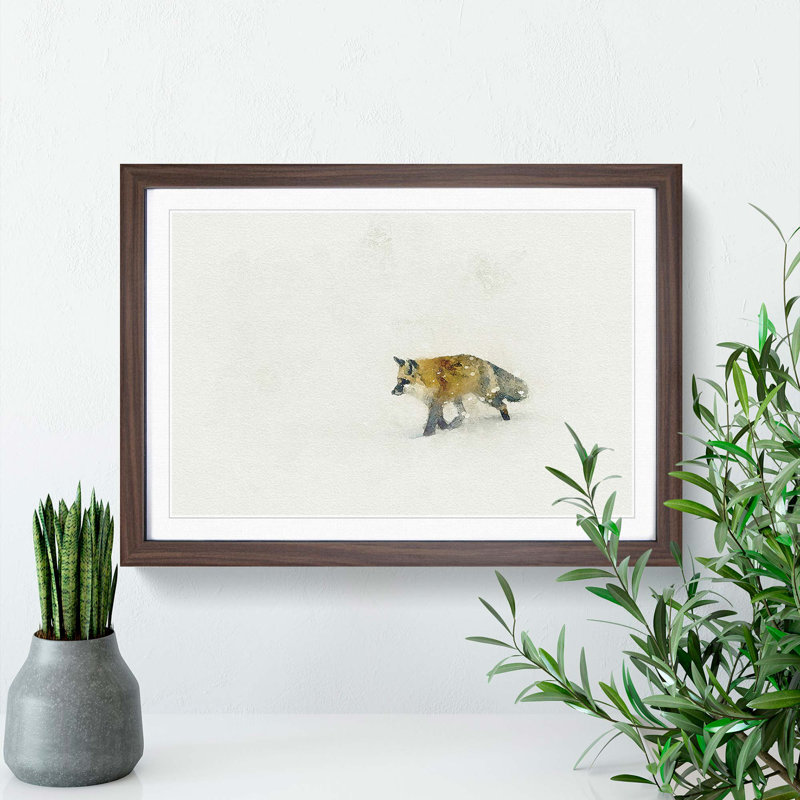A Red Fox Alone in the Winter in Abstract - Picture Frame Graphic Art Print, 27cm H x 36cm W x 2cm D, Walnut Framed