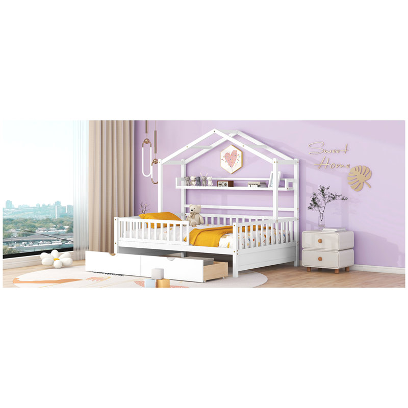 Lit en bois avec 2 tiroirs et tablette de rangement, Double