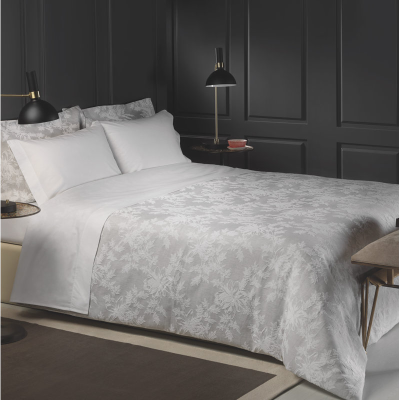 Shetler Cotton Floral Duvet Cover Set with Pillowcases, Grey, Double Duvet Cover + 2 Standard Pillowcases