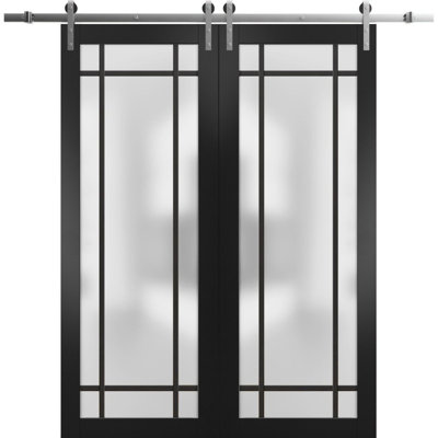 Porte de grange double robuste avec verre dépoli Planum 2112 Noir mat, supports de rail argentés de 4 m (13 pi), portes intérieures modernes à panneaux pleins - 91,4 cm x 203,2 cm (2 x 45,7 cm x 203,2 cm) - Rail argenté