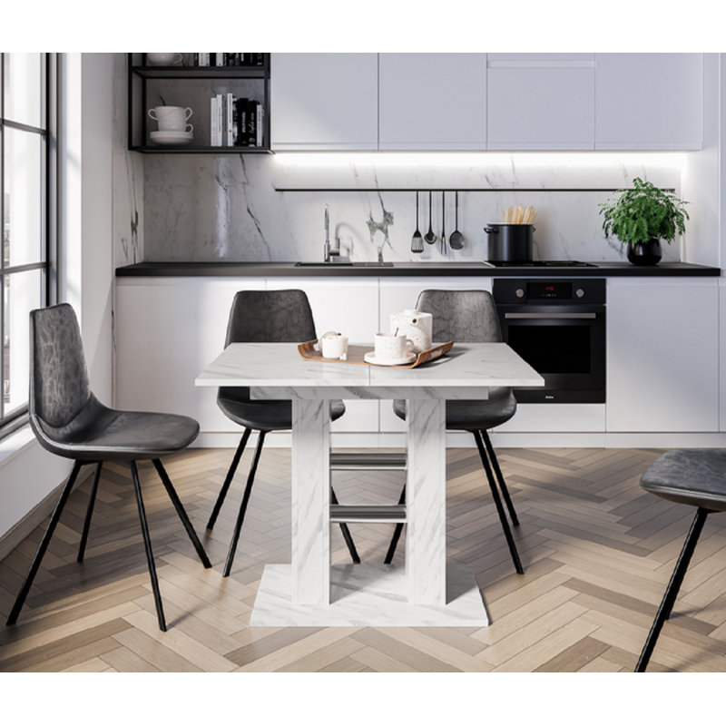 Extendable Dining Table With Marble Effect WILD MINI Small Extending Table 100-140 For 4 Seater, White 