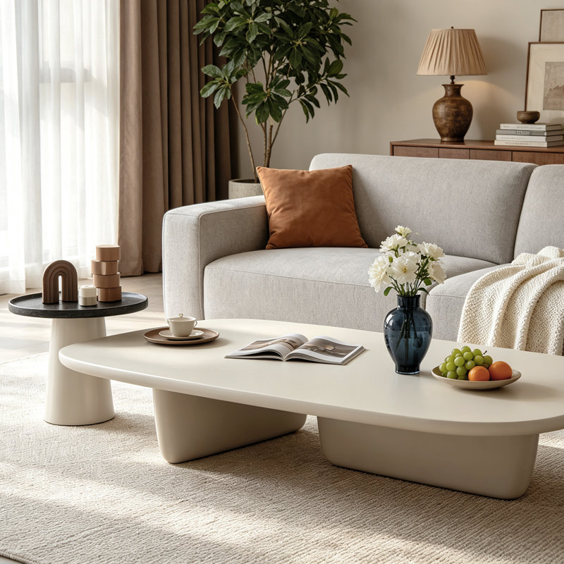 Ensemble table basse ovale moderne Rudina avec petite table d'appoint ronde, grande table basse de salon en placage de frêne avec piètement en croix pour petits espaces