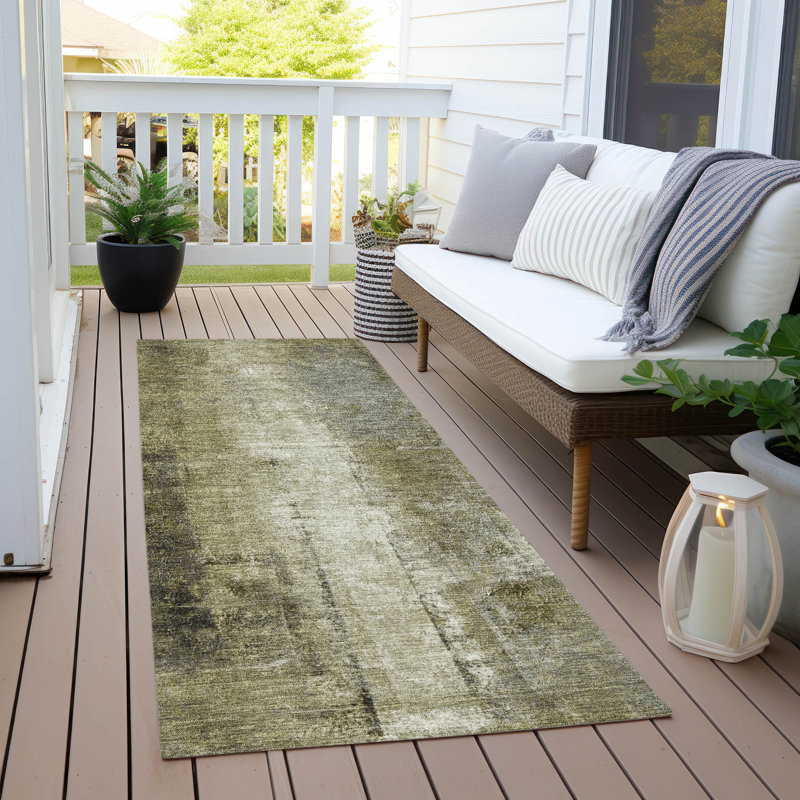 Machine Washable Indoor/Outdoor Xhevrie Olive Rug, Runner 2'3" x 7'6"