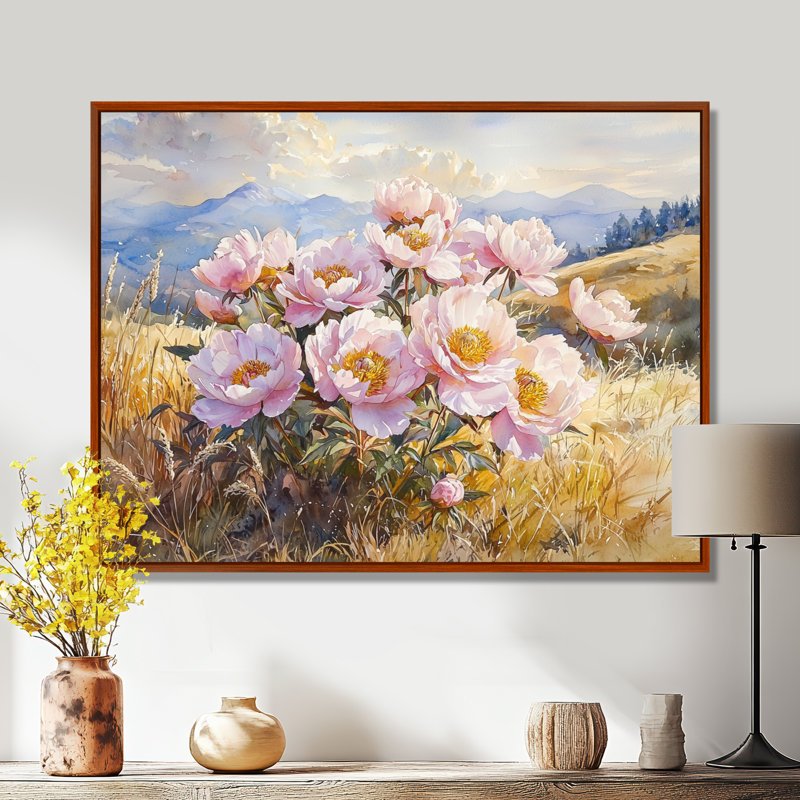 «Gissette Mountain Meadow Pe pivons II», art mural pivoines, Brun, H 12 po x l 20 po, Impression encadrée flottante