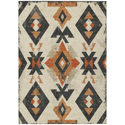 Tapis intérieur/extérieur lavable, 2,74 m x 3,66 m, ivoire, orange et anthracite, motif aztèque