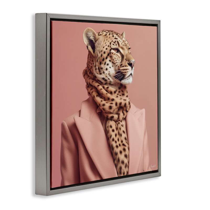 Portrait de guépard à la mode, Cadre flottant gris lustré, H 18 po x l 18 po